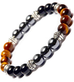 Triple Protection - Tiger Eye Yellow Golden Brown + Black Onyx + Hematite - “Power of Three”, Custom Size Round Smooth Stretch (8mm) Natural Gemstone Crystal Energy Bead Bracelet