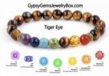 7 CHAKRA & Tiger Eye Yellow Golden Brown Custom Size Gold Spacers Round Smooth Stretch Natural Gemstone Crystal Energy Bead Bracelet