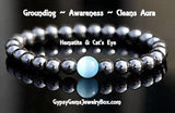 Hematite + Blue Cat Eye (Chrysoberyl ) Round Smooth Stretch (8mm) Natural Gemstone Crystal Energy Bead Bracelet