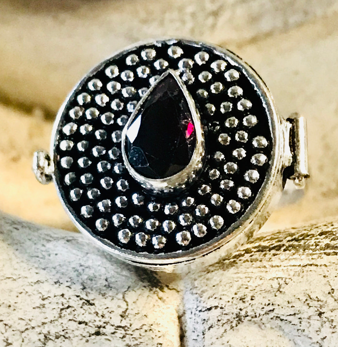 Faceted Garnet Poison Ring .925 Sterling Silver Locket Ring
