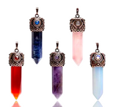 Filigree Leaf Copper Hexagonal Natural Gemstone Crystal Point Pendulum Pendant/Choose Chain