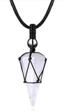 Macrame Rope Natural Gemstone Crystal Pendulum Point Hexagonal Pendant Necklace-Amethyst, Onyx, Opal, Quartz, Aventurine, Bloodstone, Lapis Lazuli, Rose Quartz