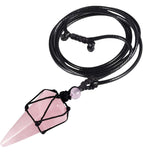 Macrame Rope Natural Gemstone Crystal Pendulum Point Hexagonal Pendant Necklace-Amethyst, Onyx, Opal, Quartz, Aventurine, Bloodstone, Lapis Lazuli, Rose Quartz