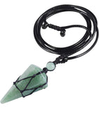 Macrame Rope Natural Gemstone Crystal Pendulum Point Hexagonal Pendant Necklace-Amethyst, Onyx, Opal, Quartz, Aventurine, Bloodstone, Lapis Lazuli, Rose Quartz