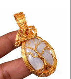 Moonstone Rainbow Golden Copper Wire Wrapped Weave Pendant Necklace