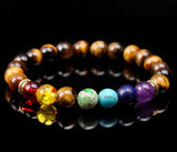 7 CHAKRA & Tiger Eye Yellow Golden Brown Custom Size Gold Spacers Round Smooth Stretch Natural Gemstone Crystal Energy Bead Bracelet