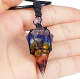 Macrame Rope Natural Gemstone Crystal Pendulum Point Hexagonal Pendant Necklace-Amethyst, Onyx, Opal, Quartz, Aventurine, Bloodstone, Lapis Lazuli, Rose Quartz