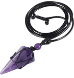 Macrame Rope Natural Gemstone Crystal Pendulum Point Hexagonal Pendant Necklace-Amethyst, Onyx, Opal, Quartz, Aventurine, Bloodstone, Lapis Lazuli, Rose Quartz
