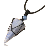 Macrame Rope Natural Gemstone Crystal Pendulum Point Hexagonal Pendant Necklace-Amethyst, Onyx, Opal, Quartz, Aventurine, Bloodstone, Lapis Lazuli, Rose Quartz
