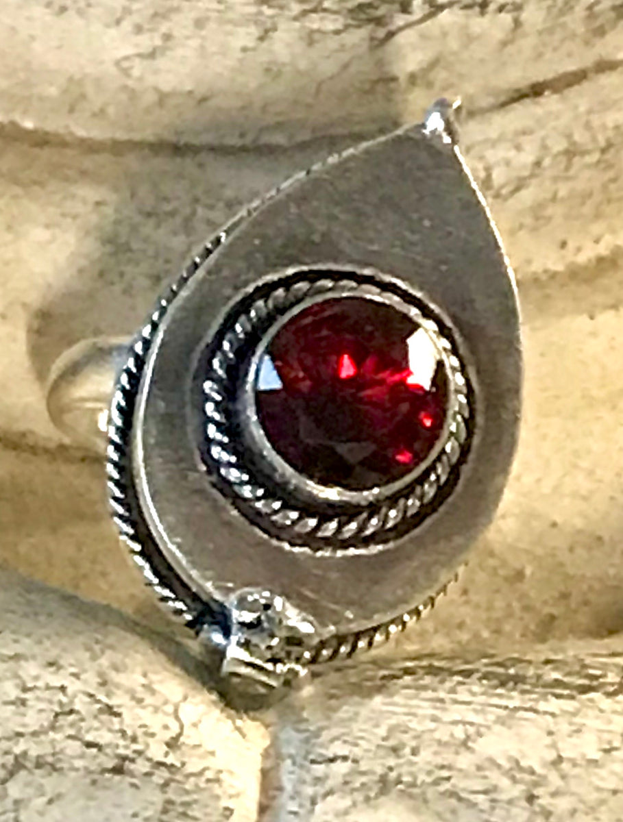 Faceted Garnet Poison Ring .925 Sterling Silver Locket Ring