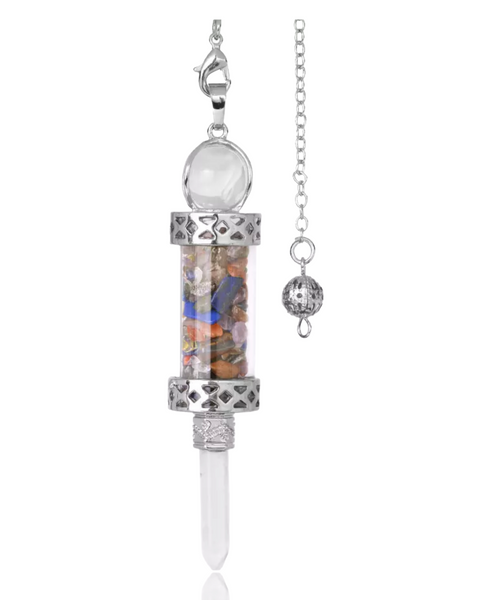 7 Chakra + Quartz Crystal Glass Wishing Bottle Energy Healing Dowsing Pendulum