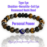 Personal Power - Tiger Eye Yellow + Black Obsidian + Hematite + Evil Eye + Rose Wood Custom Size Round Smooth Stretch (8mm) Natural Gemstone Crystal Energy Bead Bracelet