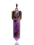 Filigree Leaf Copper Hexagonal Natural Gemstone Crystal Point Pendulum Pendant/Choose Chain