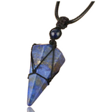 Macrame Rope Natural Gemstone Crystal Pendulum Point Hexagonal Pendant Necklace-Amethyst, Onyx, Opal, Quartz, Aventurine, Bloodstone, Lapis Lazuli, Rose Quartz
