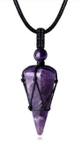Macrame Rope Natural Gemstone Crystal Pendulum Point Hexagonal Pendant Necklace-Amethyst, Onyx, Opal, Quartz, Aventurine, Bloodstone, Lapis Lazuli, Rose Quartz