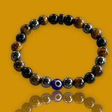 Personal Power - Tiger Eye Yellow + Black Obsidian + Hematite + Evil Eye + Rose Wood Custom Size Round Smooth Stretch (8mm) Natural Gemstone Crystal Energy Bead Bracelet