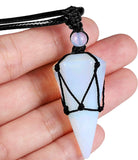 Macrame Rope Natural Gemstone Crystal Pendulum Point Hexagonal Pendant Necklace-Amethyst, Onyx, Opal, Quartz, Aventurine, Bloodstone, Lapis Lazuli, Rose Quartz