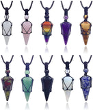 Macrame Rope Natural Gemstone Crystal Pendulum Point Hexagonal Pendant Necklace-Amethyst, Onyx, Opal, Quartz, Aventurine, Bloodstone, Lapis Lazuli, Rose Quartz