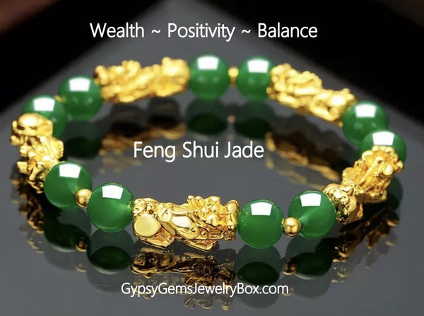 Feng Shui - Pixiu Green Jade Gold or Silver Dragons Wealth Luck Stretch (8mm) Natural Gemstone Crystal  Energy Bead Bracelet