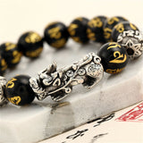 Feng Shui - Black Obsidian Etched Pixiu Wealth Prosperity (12mm) Silver  Dragon The Genuine Energy Bead Bracelet