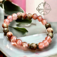 Quartz - Cherry Watermelon Pink Quartz•Pink Fossil Jasper•Pyrite Spacers•Custom Size Round Smooth Stretch  (8mm) Natural Gemstone Crystal Energy Bead Bracelet