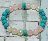 Turquoise - Blue Frost Matte + Rainbow Moonstone + Rose Quartz “Rise Above” Round Stretch (8mm) Natural Gemstone Crystal Energy Bead Bracelet