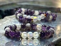 Amethyst - Chevron Amethyst• Opalite•You Choose: Silver•Copper•Gold•Black Hematite Disk Spacers•Custom Size•Round Stretch (8mm) Natural Gemstone Crystal Energy Bead Bracelet