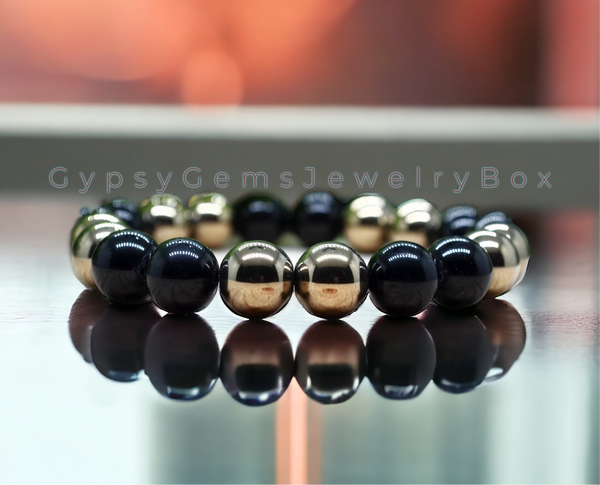 Pyrite + Black Onyx Round Smooth Stretch (8mm) Natural Gemstone Crystal Energy Bead Bracelet