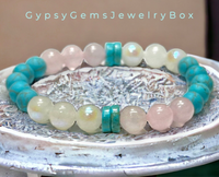 Turquoise - Blue Frost Matte + Rainbow Moonstone + Rose Quartz “Rise Above” Round Stretch (8mm) Natural Gemstone Crystal Energy Bead Bracelet