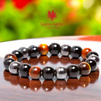 Triple Protection - Tiger Eye Red + Black Onyx + Hematite Custom Size Round Smooth Stretch (10mm Grande Large) Natural Gemstone Crystal Energy Bead Bracelet