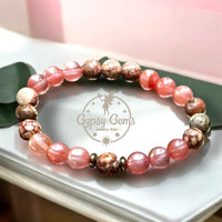 Quartz - Cherry Watermelon Pink Quartz•Pink Fossil Jasper•Pyrite Spacers•Custom Size Round Smooth Stretch  (8mm) Natural Gemstone Crystal Energy Bead Bracelet