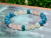 Turquoise - Dark Blue Frost Matte + Rainbow Moonstone + Rose Quartz Custom Size “Rise Above” Round Stretch (8mm) Natural Gemstone Crystal Energy Bead Bracelet