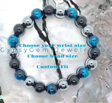 Triple Protection - Tiger Eye Teal Blue + Black Onyx + Hematite Custom Size Round Smooth Stretch (8mm or 10mm beads) Natural Gemstone Crystal Energy Bead Bracelet