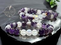 Amethyst - Chevron Amethyst• Opalite•You Choose: Silver•Copper•Gold•Black Hematite Disk Spacers•Custom Size•Round Stretch (8mm) Natural Gemstone Crystal Energy Bead Bracelet