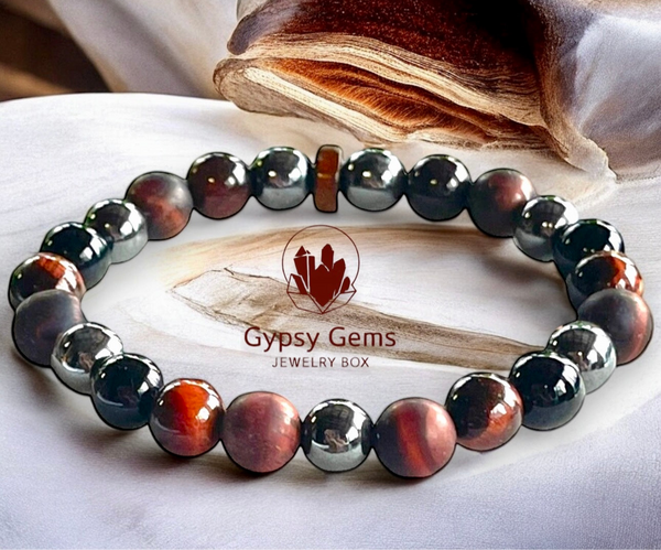 Triple Protection - Tiger Eye Red + Black Obsidian + Hematite + Rose Wood Custom Size Round Smooth Stretch (8mm) Natural Gemstone Crystal Energy Bead Bracelet