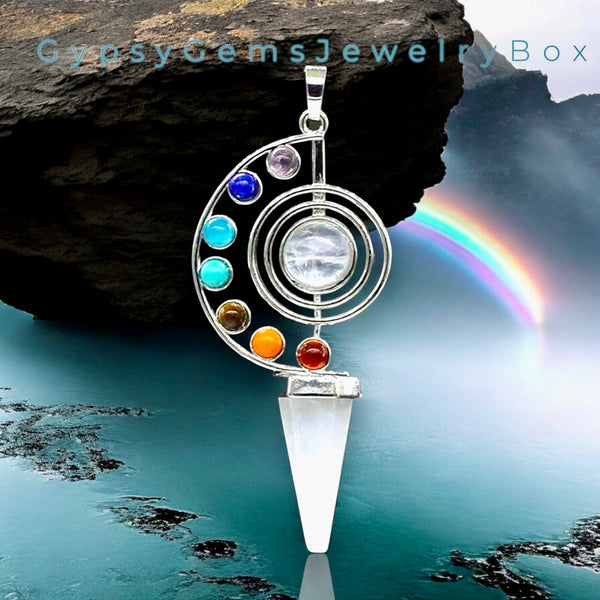 7 Chakra + Quartz Crystal Reiki Energy Healing Large Geometric Sun Moon Dowsing Pendulum