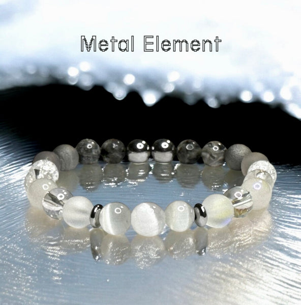 Metal Element Bracelet•Selenite, Silver Hematite, Angel Aura, Moonstone, Cracked Quartz, Gray Agate, Gray Druzy, Mapstone Jasper, Larvakite • Custom Size - Round Smooth Stretch (8mm) Natural Gemstone Crystal Energy Bead Bracelet