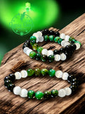 Tiger’s Eye - Green Tiger’s Eye & Selenite & Green Sandstone/Goldstone•Custom Size Round Smooth Stretch (8mm) Natural Gemstone Crystal Energy Bead Bracelet