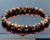 Tiger’s Eye - Yellow Tiger Eye• Hematite Hexagon Spacers Custom Size Round Smooth Stretch (8mm) Natural Gemstone Crystal Energy Bead Bracelet