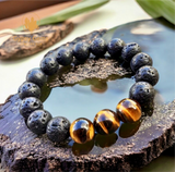 Lava Stone•Black Lava Rock + Tiger Eye Aromatherapy Custom Size Round Stretch (12mm Grandi X-Large) Natural Gemstone Crystal Energy Bead Bracelet