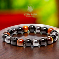 Triple Protection - Tiger Eye Red + Black Onyx + Hematite Custom Size Round Smooth Stretch (10mm Grande Large) Natural Gemstone Crystal Energy Bead Bracelet