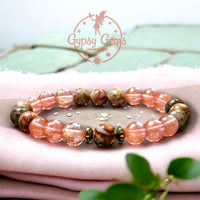 Quartz - Cherry Watermelon Pink Quartz•Pink Fossil Jasper•Pyrite Spacers•Custom Size Round Smooth Stretch  (8mm) Natural Gemstone Crystal Energy Bead Bracelet