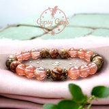 Quartz - Cherry Watermelon Pink Quartz•Pink Fossil Jasper•Pyrite Spacers•Custom Size Round Smooth Stretch  (8mm) Natural Gemstone Crystal Energy Bead Bracelet