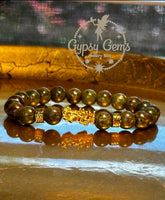 Bloodstone - Dragon Bloodstone Gold Feng Shui Dragon Custom Size Round Smooth Stretch (8mm) Natural Gemstone Crystal Energy Bead Bracelet