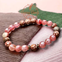 Quartz - Cherry Watermelon Pink Quartz•Pink Fossil Jasper•Pyrite Spacers•Custom Size Round Smooth Stretch  (8mm) Natural Gemstone Crystal Energy Bead Bracelet