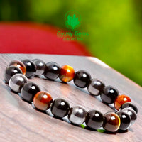 Triple Protection - Tiger Eye Red + Black Onyx + Hematite Custom Size Round Smooth Stretch (10mm Grande Large) Natural Gemstone Crystal Energy Bead Bracelet