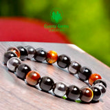 Triple Protection - Tiger Eye Red + Black Onyx + Hematite Custom Size Round Smooth Stretch (10mm Grande Large) Natural Gemstone Crystal Energy Bead Bracelet