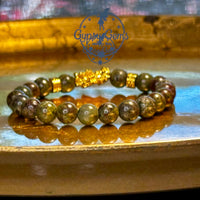 Bloodstone - Dragon Bloodstone Gold Feng Shui Dragon Custom Size Round Smooth Stretch (8mm) Natural Gemstone Crystal Energy Bead Bracelet