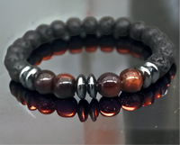 Tiger’s Eye - Red Tiger’s Eye + Hematite Saucer beads + Lava Stone Custom Size Round Smooth Stretch (8mm) Natural Gemstone Crystal Energy Bead Bracelet