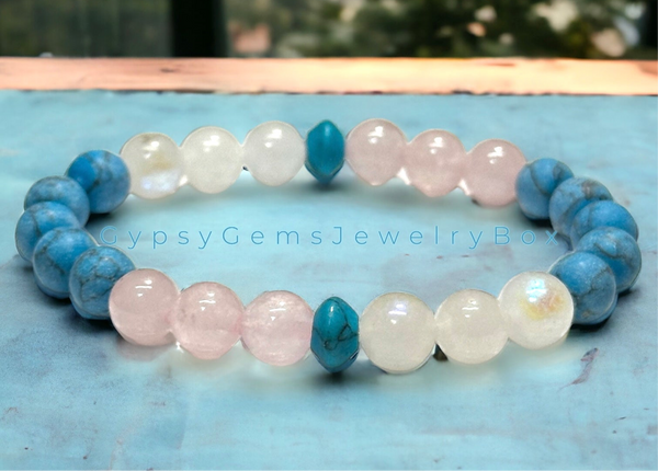 Turquoise - Dark Blue Frost Matte + Rainbow Moonstone + Rose Quartz Custom Size “Rise Above” Round Stretch (8mm) Natural Gemstone Crystal Energy Bead Bracelet